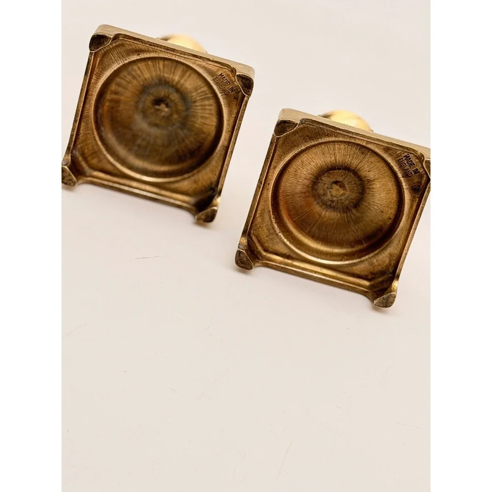 Vintage Pair Solid Brass Square Base Candlestick Holders Made in England 3 Inch